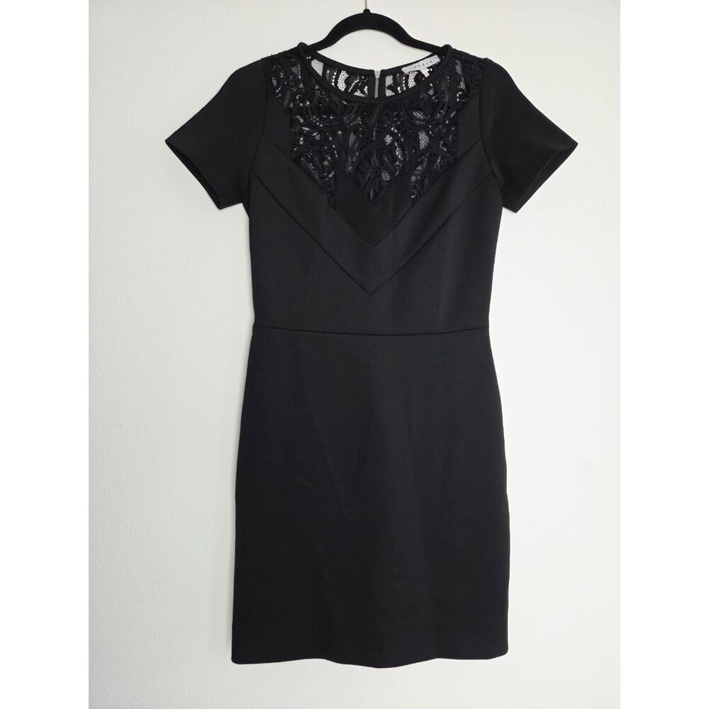 Sandro Black Mini Dress 4 Small Sheath Pencil Short Sleeves Lace Yoke - Picture 2 of 13